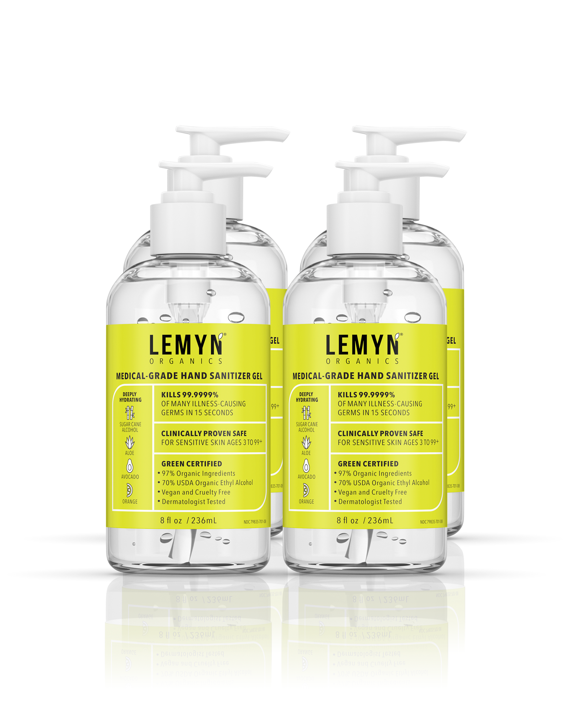 Lemyn Organics Hand Sanitizer | Green Certified & Medical Grade | 236ml - 8 Fl Oz with Pump