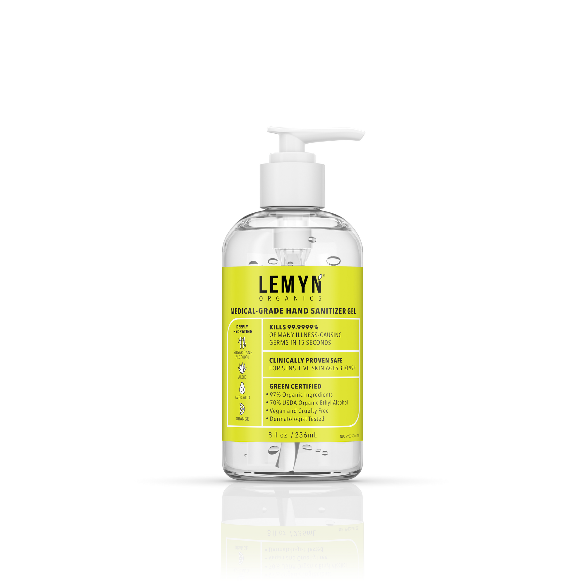 Lemyn Organics Hand Sanitizer | Green Certified & Medical Grade | 236ml - 8 Fl Oz with Pump
