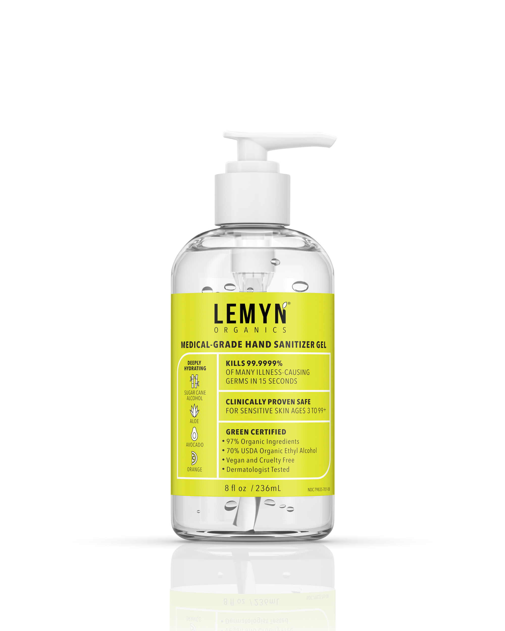 Lemyn Organics Hand Sanitizer | Green Certified & Medical Grade | 236ml - 8 Fl Oz with Pump