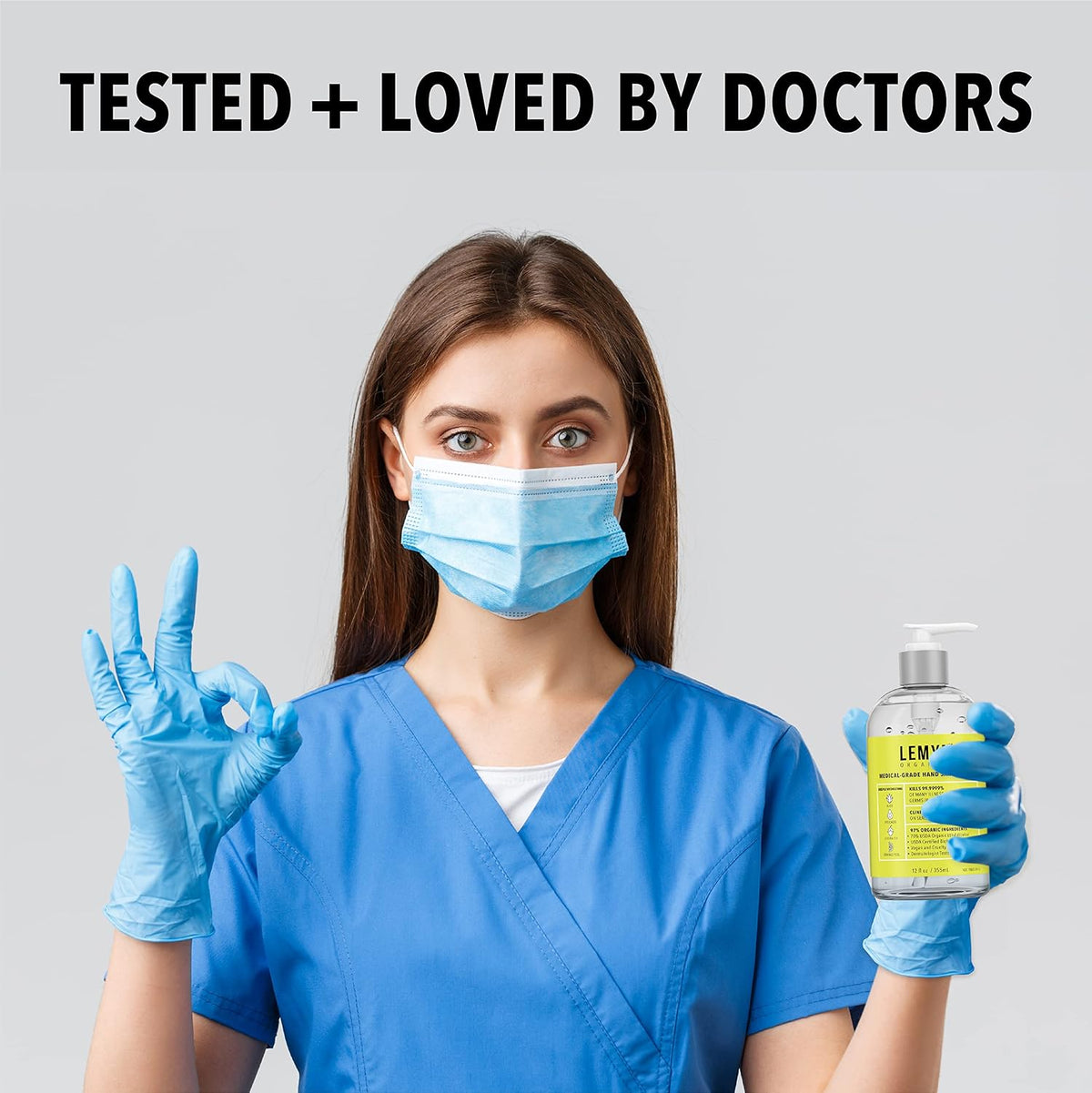 Tested and loved by doctors - healthcare worker holding Lemyn Organics hand sanitizer