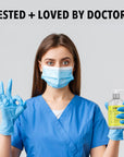 Tested and loved by doctors - healthcare worker holding Lemyn Organics hand sanitizer
