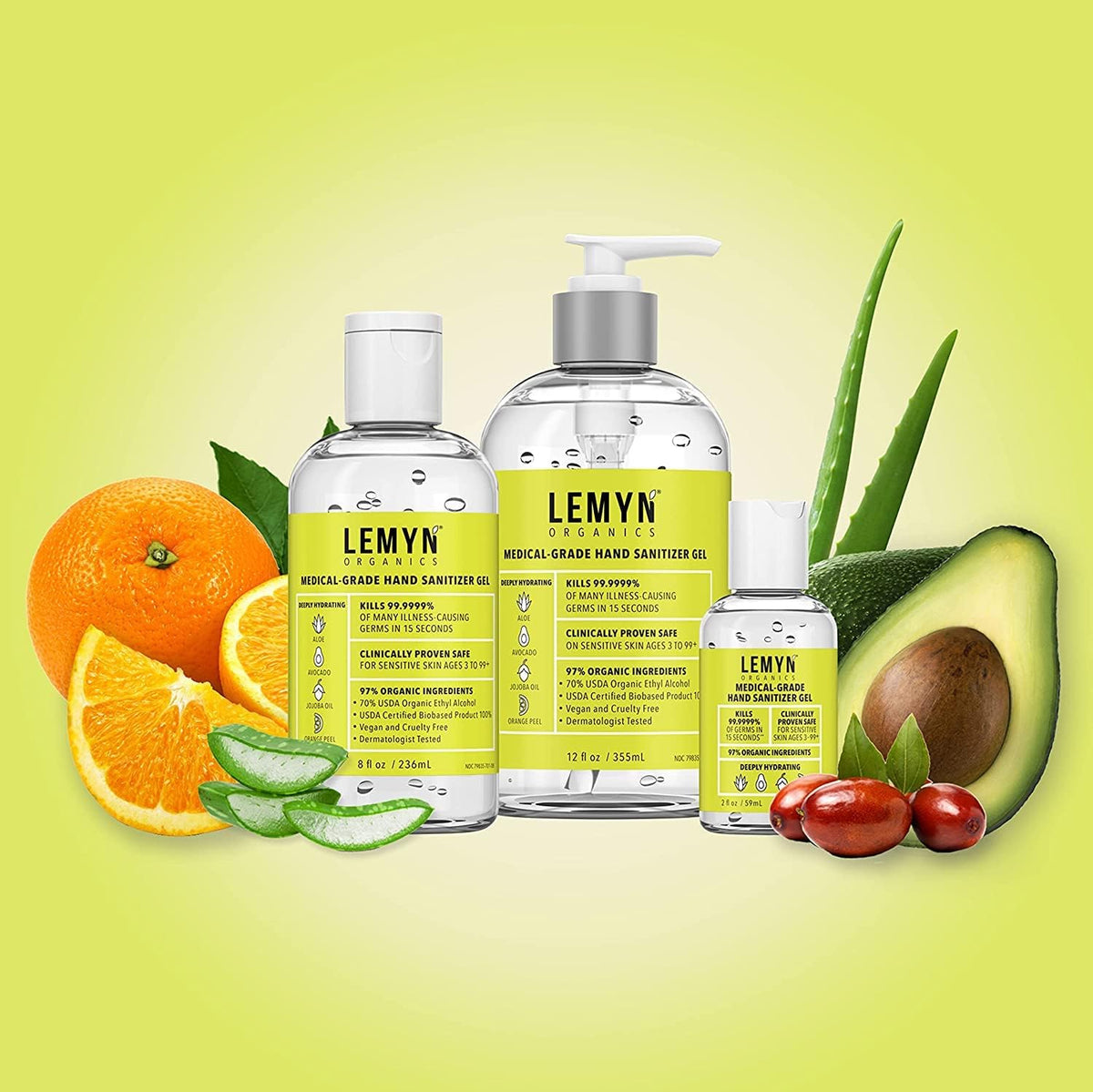Lemyn Organics hand sanitizer range with orange, aloe and avocado ingredients