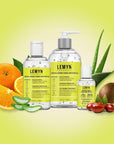 Lemyn Organics hand sanitizer range with orange, aloe and avocado ingredients