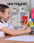 Safe for kids - child using Lemyn Organics hand sanitizer at a desk