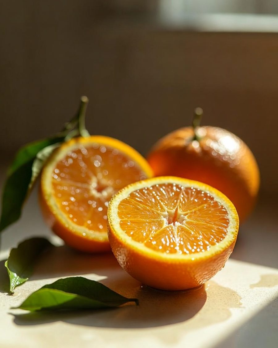 Cut oranges on a counter in low warm sunlight
